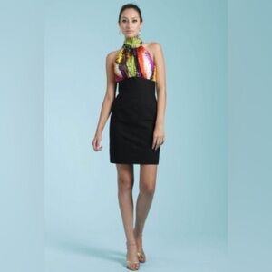 Trina Turk Women's 100% Silk Halter Top Black Textured Pencil Skirt Dress 6